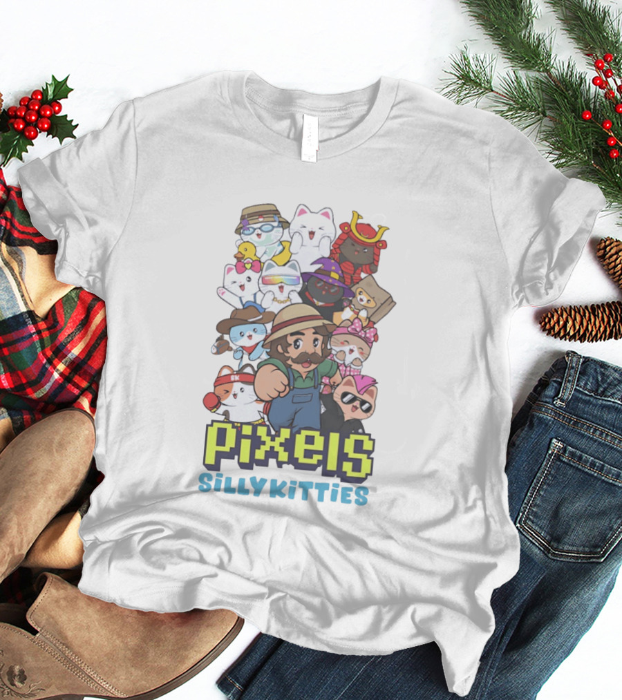 Pixels Silly Kitties Character Collage With Mustached Figure And Cute Cat Ensemble T-Shirt