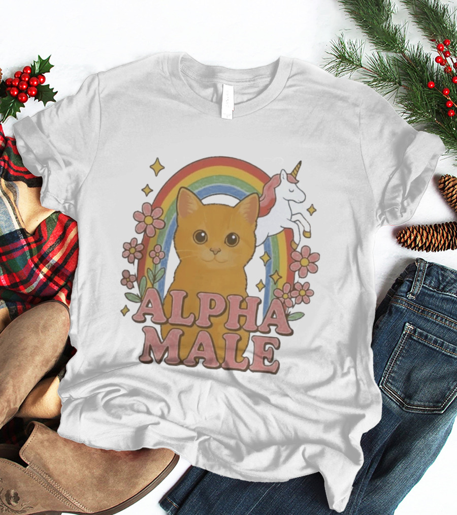 Alpha Male Cat With Unicorn Rainbow And Flowers T-Shirt