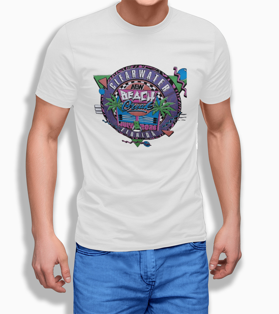 AEW Beach Break Clearwater Florida July 8 2026 Wrestling Event Tropical Palm Trees And Retro Waves T-Shirt