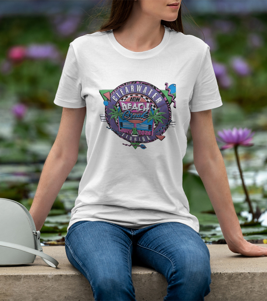 AEW Beach Break Clearwater Florida July 8 2026 Wrestling Event Tropical Palm Trees And Retro Waves T-Shirt