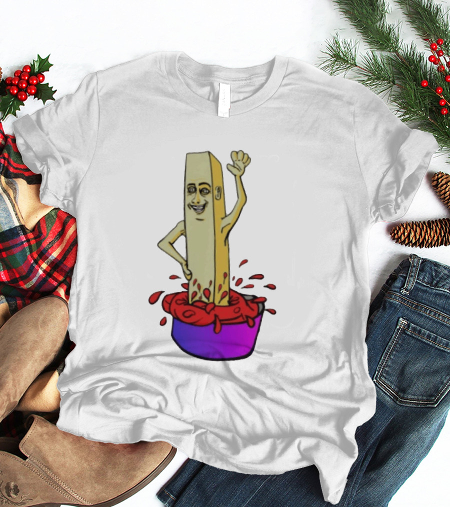 French Fry With Face Humorously Dipping In Ketchup Bowl T-Shirt