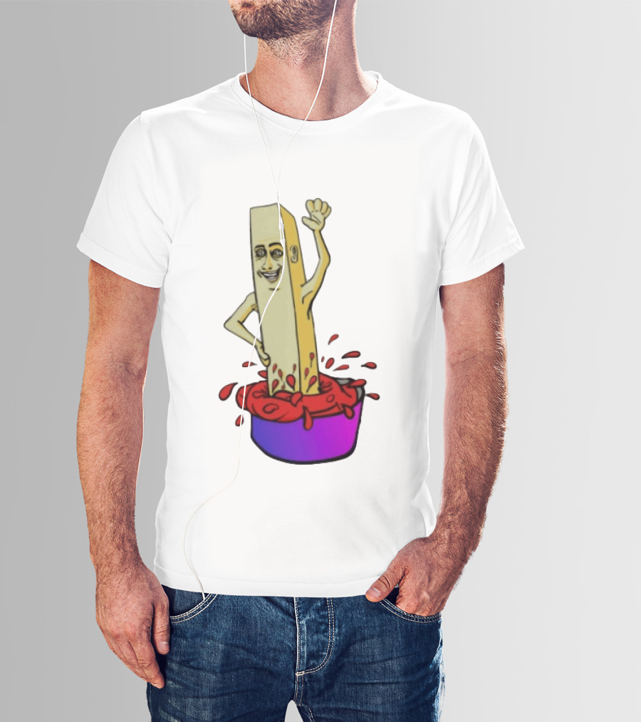 French Fry With Face Humorously Dipping In Ketchup Bowl T-Shirt