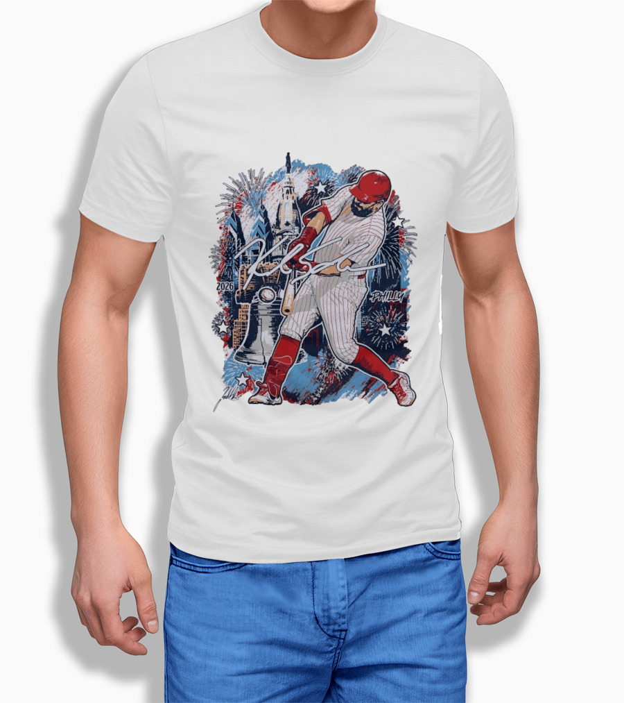 Kyle Schwarber Philly 2026 Swinging Bat Fireworks Liberty Bell T-Shirt