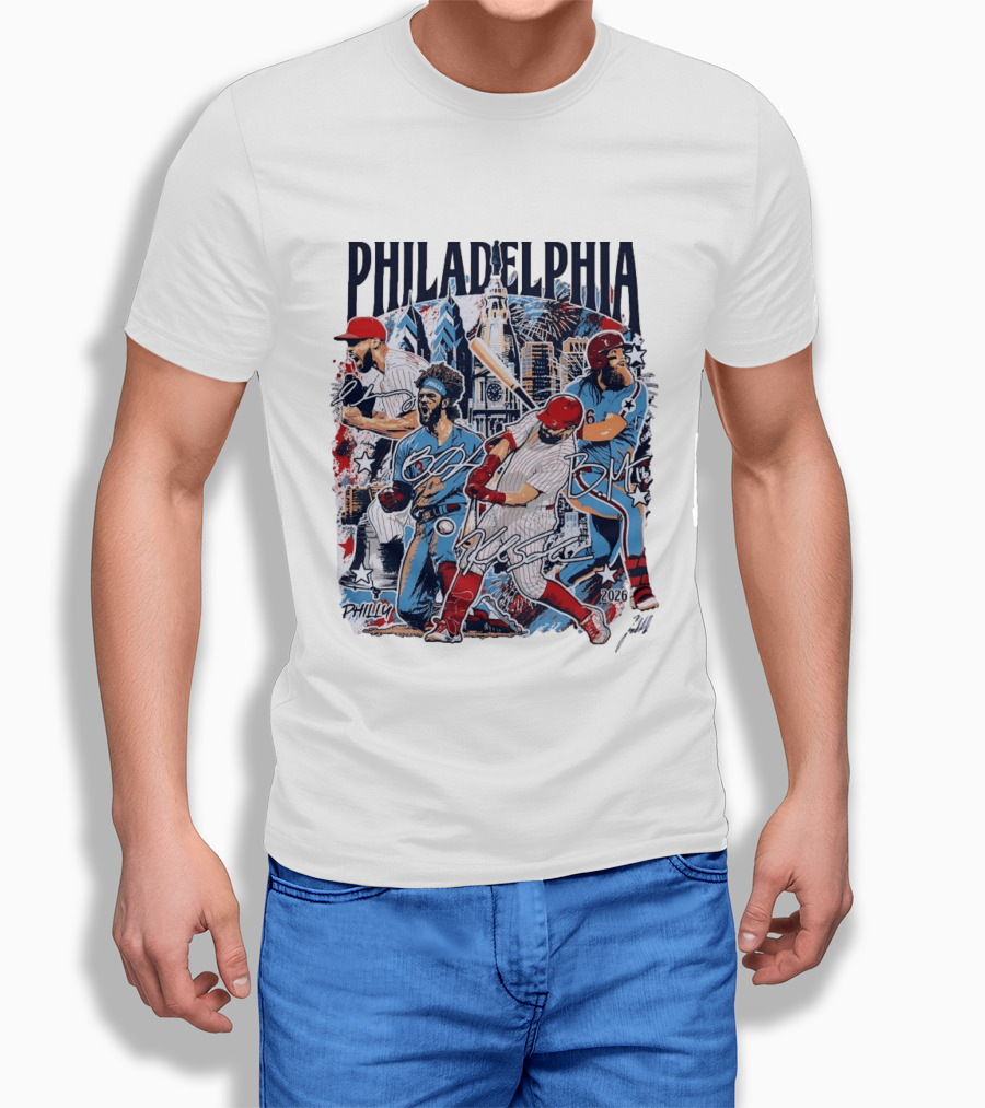 Philadelphia Phillies Stars Skyline 2026 Philly Batter Montage T-Shirt