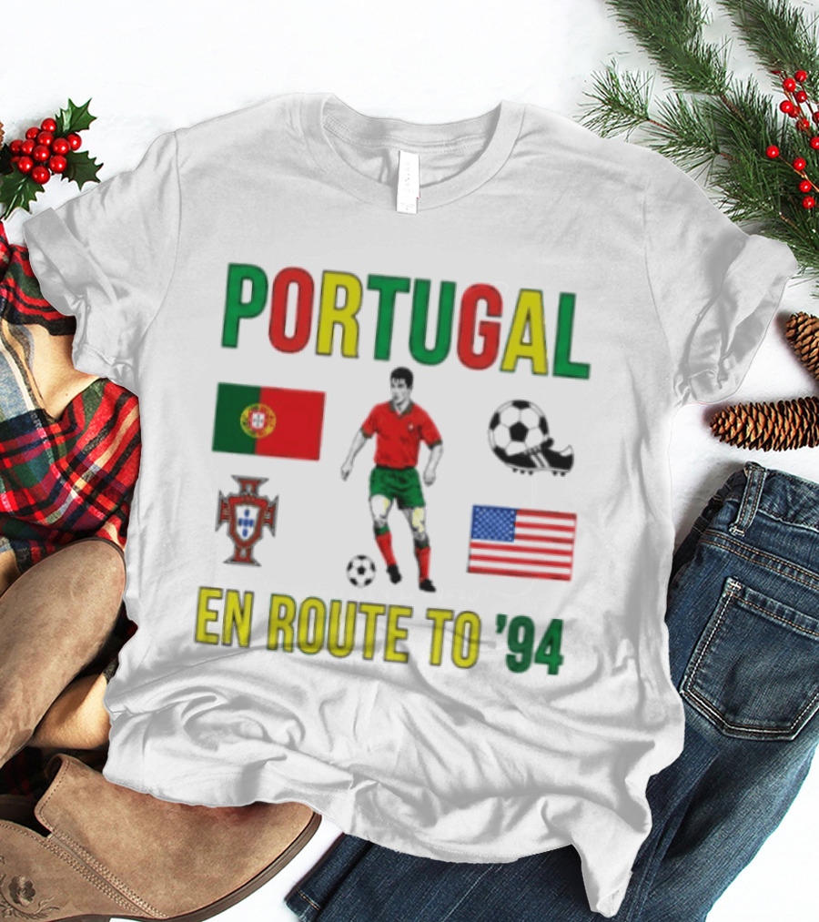 Portugal En Route To '94 World Cup Journey Footballer And Flags T-Shirt