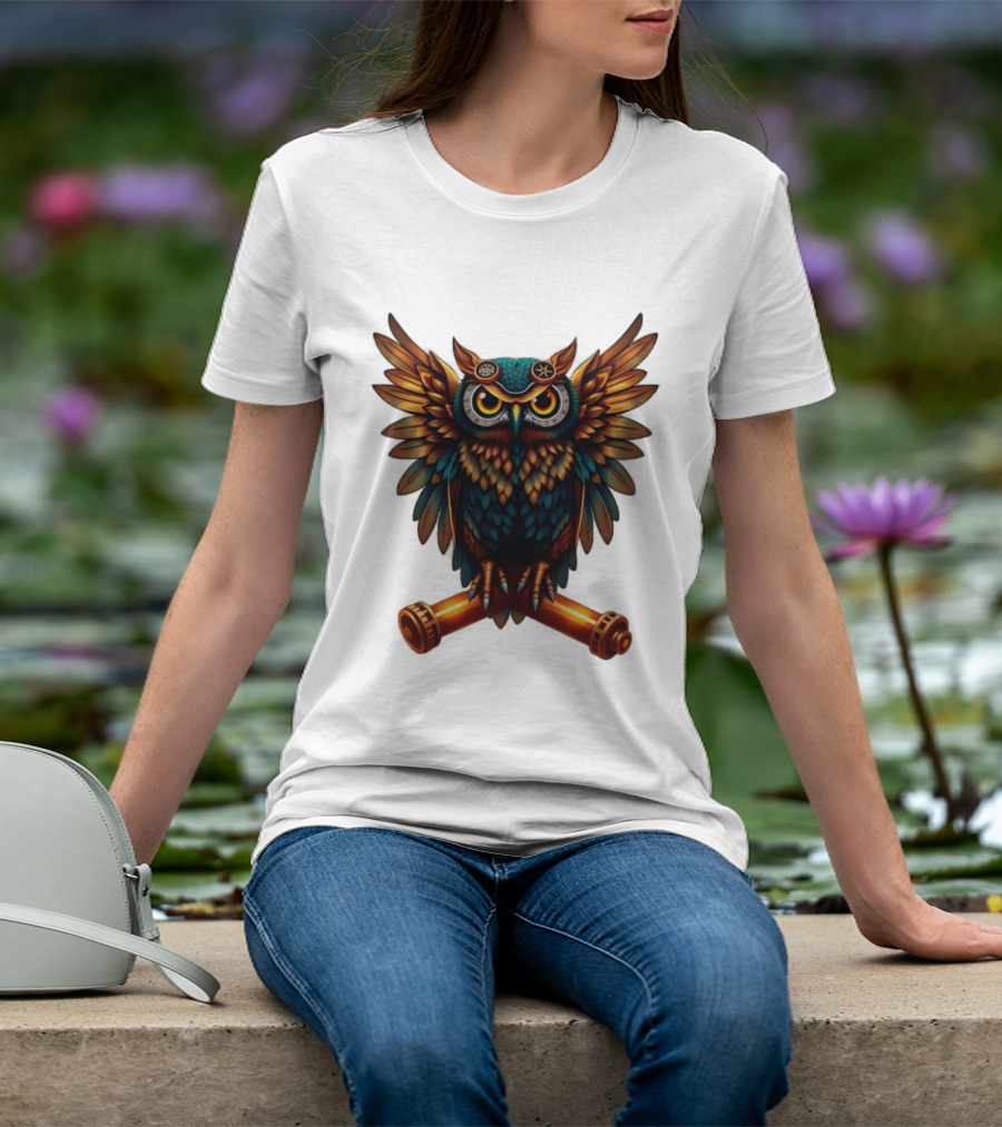 Steampunk Owl With Gears And Pistons Mechanic Aesthetic T-Shirt