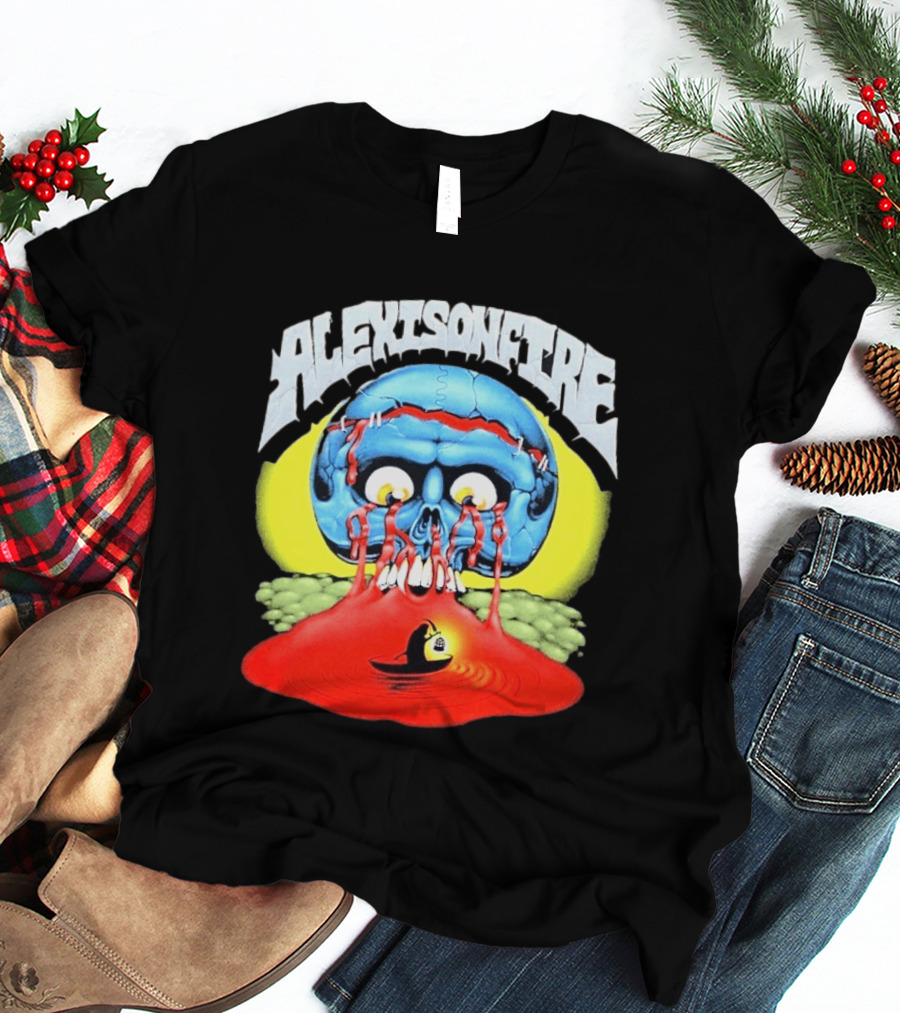 Alexisonfire Skull Island Creepy Blue Skull With Red Eyes And Boat T-Shirt