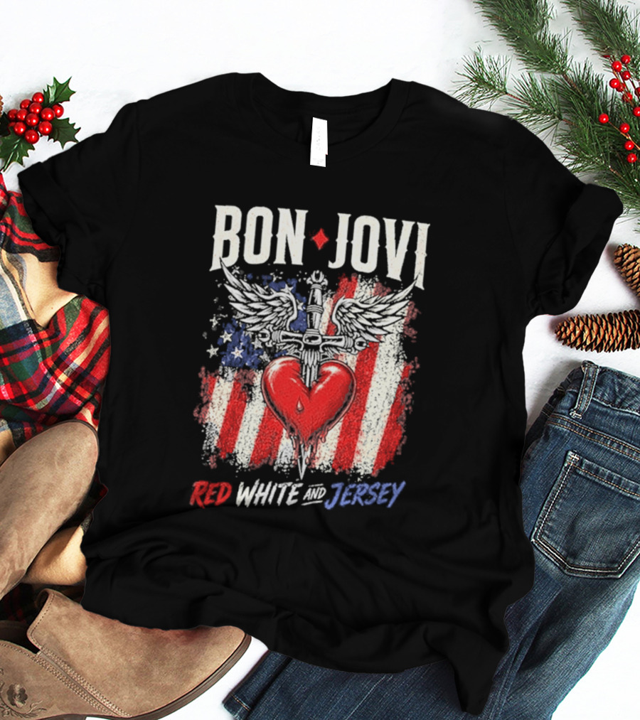 Bon Jovi Red White Jersey Heart And Dagger American Flag T-Shirt