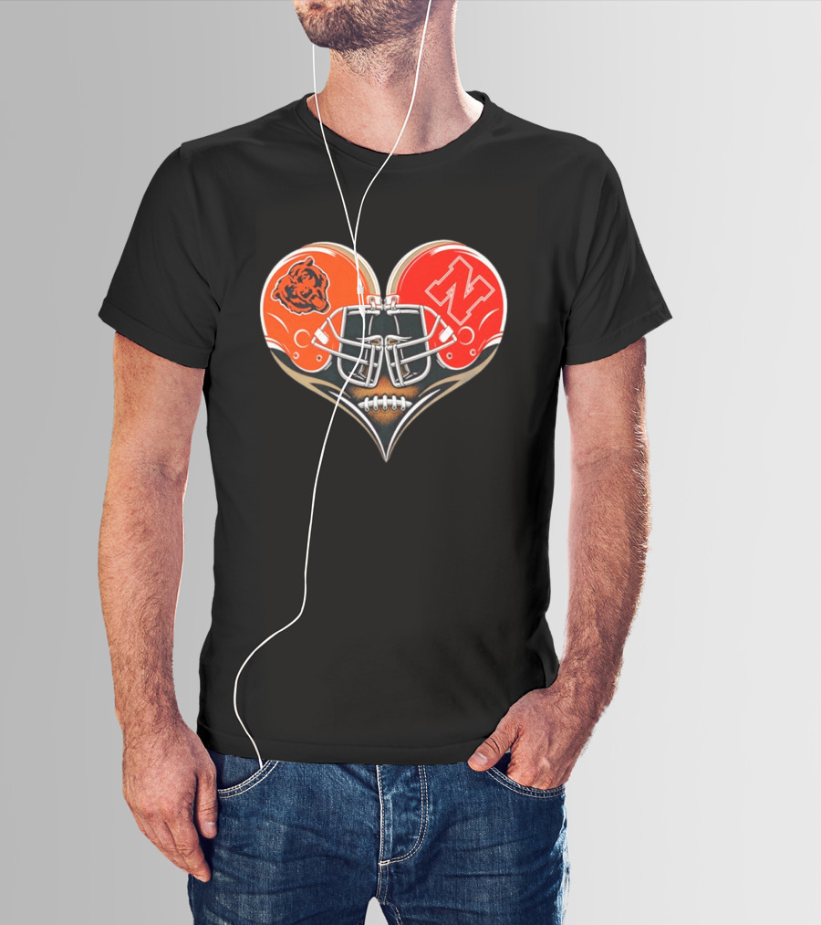 Chicago Bears Nebraska Cornhuskers Heart Shaped Helmets Football Fan Gear T-Shirt