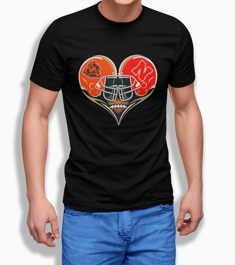 Chicago Bears Nebraska Cornhuskers Heart Shaped Helmets Football Fan Gear T-Shirt