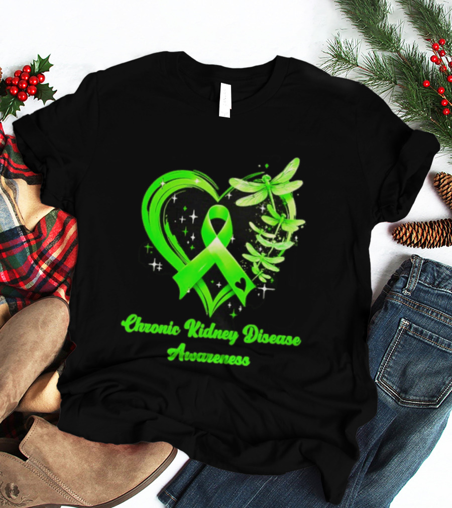 Chronic Kidney Disease Awareness Green Ribbon Heart And Dragonfly T-Shirt