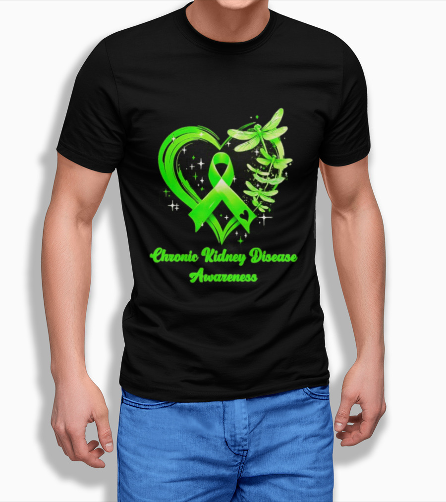 Chronic Kidney Disease Awareness Green Ribbon Heart And Dragonfly T-Shirt