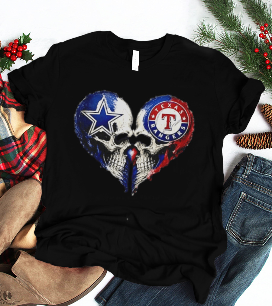 Dallas Cowboys Star And Texas Rangers Skull Heart T-Shirt