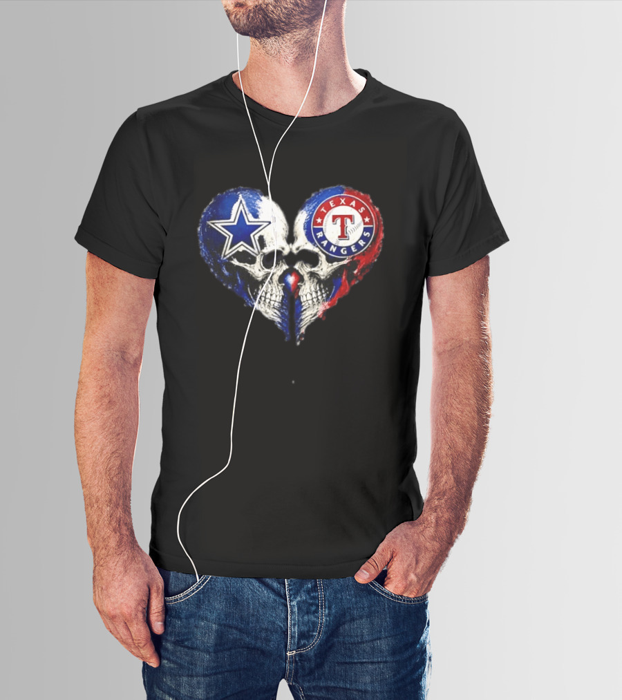 Dallas Cowboys Star And Texas Rangers Skull Heart T-Shirt