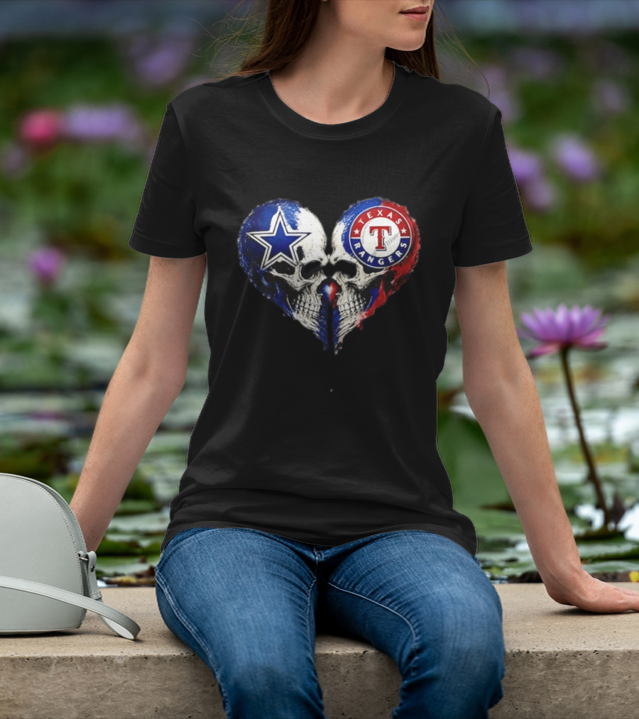 Dallas Cowboys Star And Texas Rangers Skull Heart T-Shirt