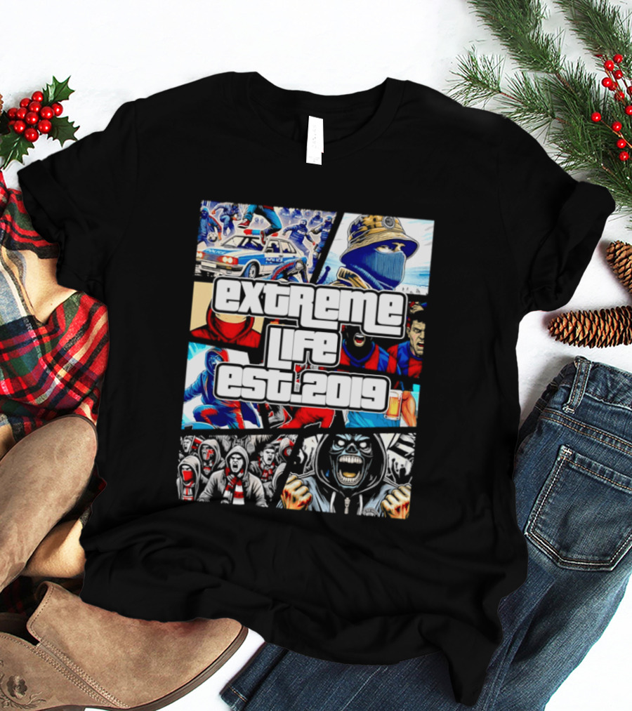 Extreme Life Est 2019 Football Hooligan Collage T-Shirt