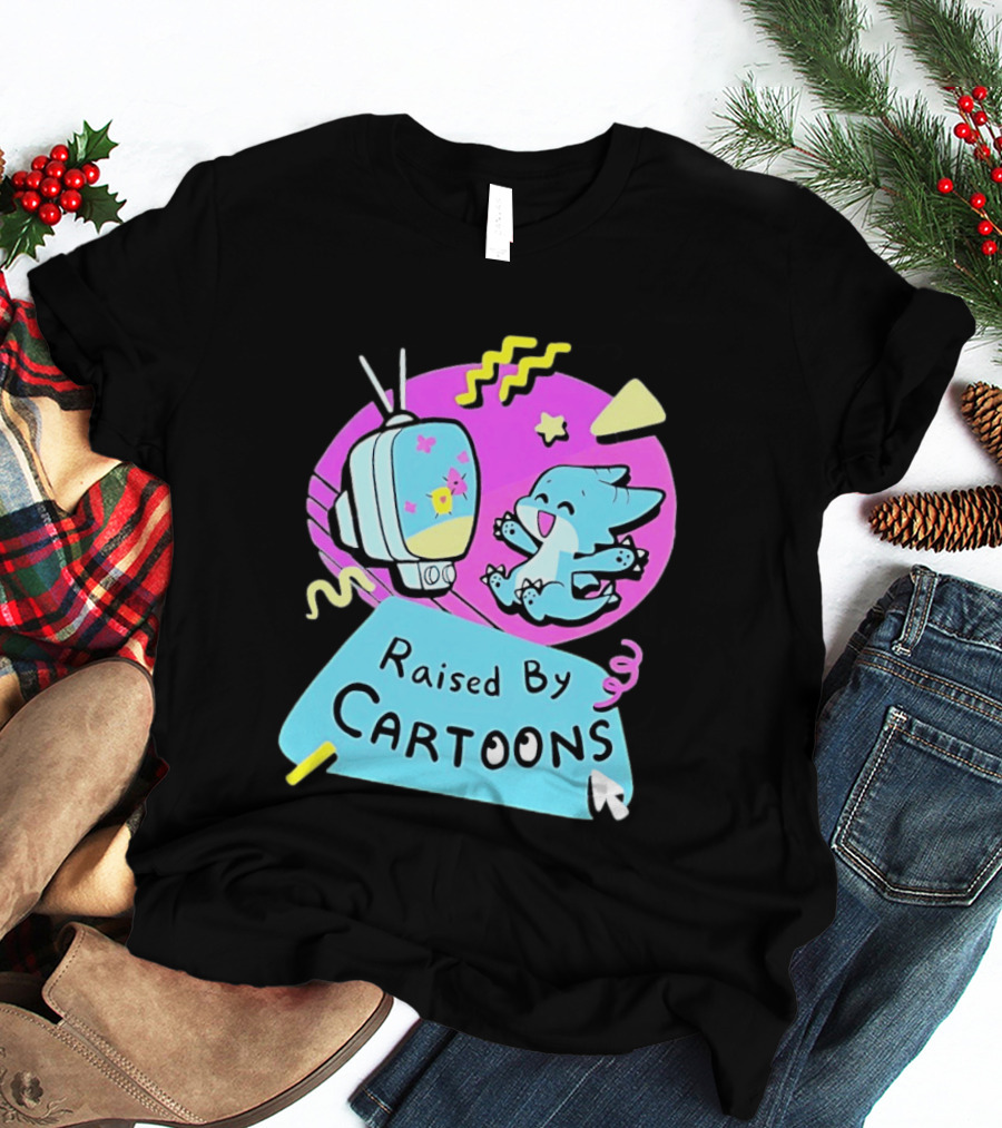 Raised By Cartoons Nostalgia 90s Kid Cartoon Lover Retro TV And Playful Puppy Scene T-Shirt