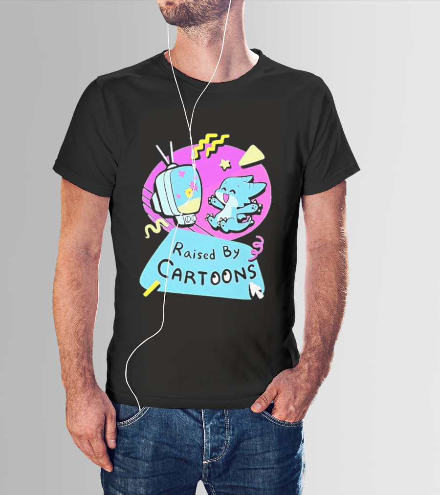 Raised By Cartoons Nostalgia 90s Kid Cartoon Lover Retro TV And Playful Puppy Scene T-Shirt
