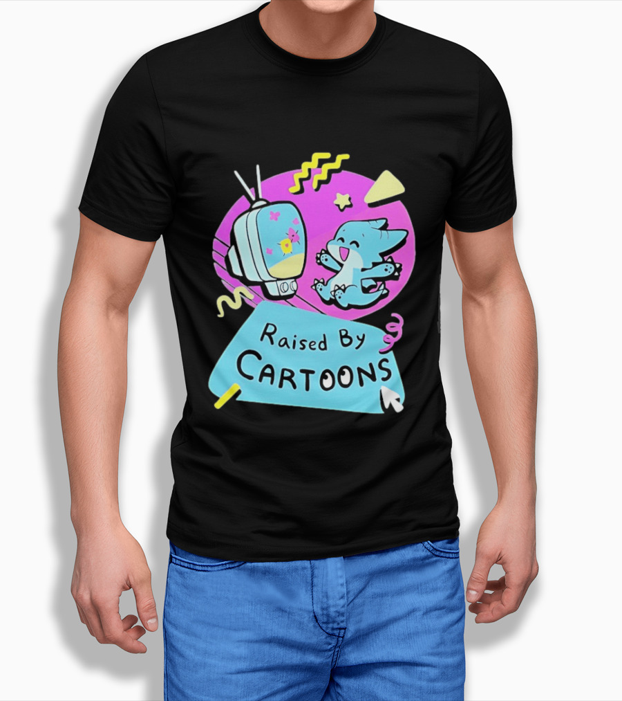 Raised By Cartoons Nostalgia 90s Kid Cartoon Lover Retro TV And Playful Puppy Scene T-Shirt