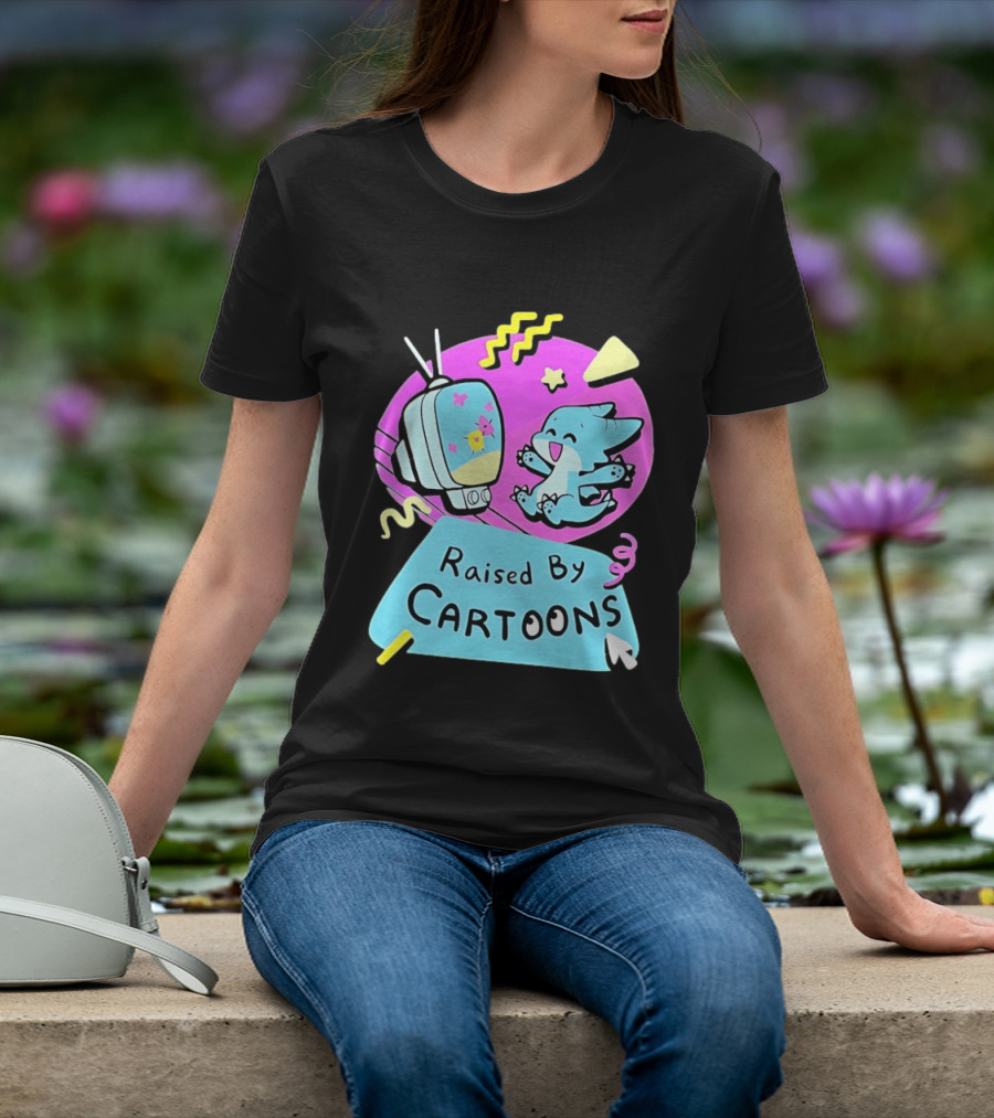 Raised By Cartoons Nostalgia 90s Kid Cartoon Lover Retro TV And Playful Puppy Scene T-Shirt