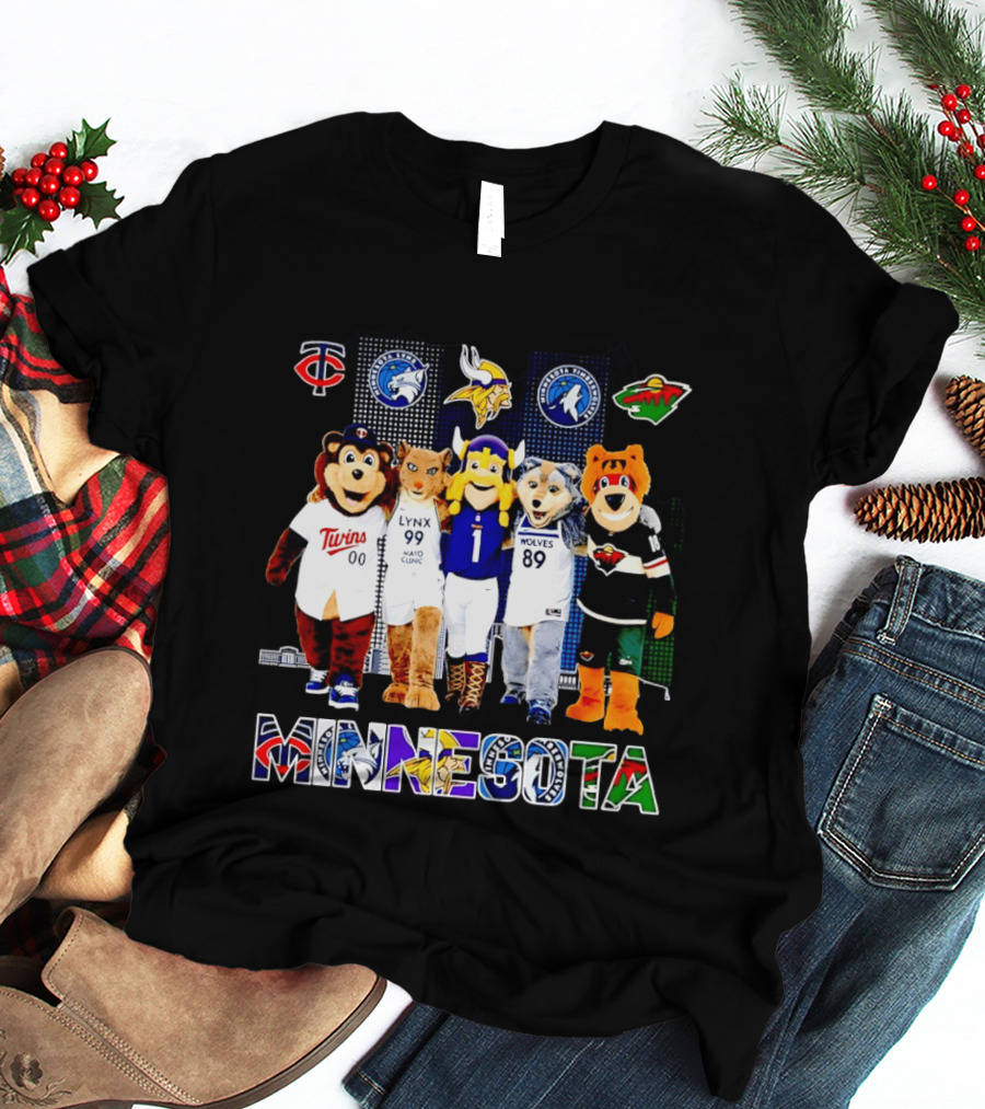 Minnesota Twins Lynx Vikings Timberwolves Wild Mascots Collage T-Shirt