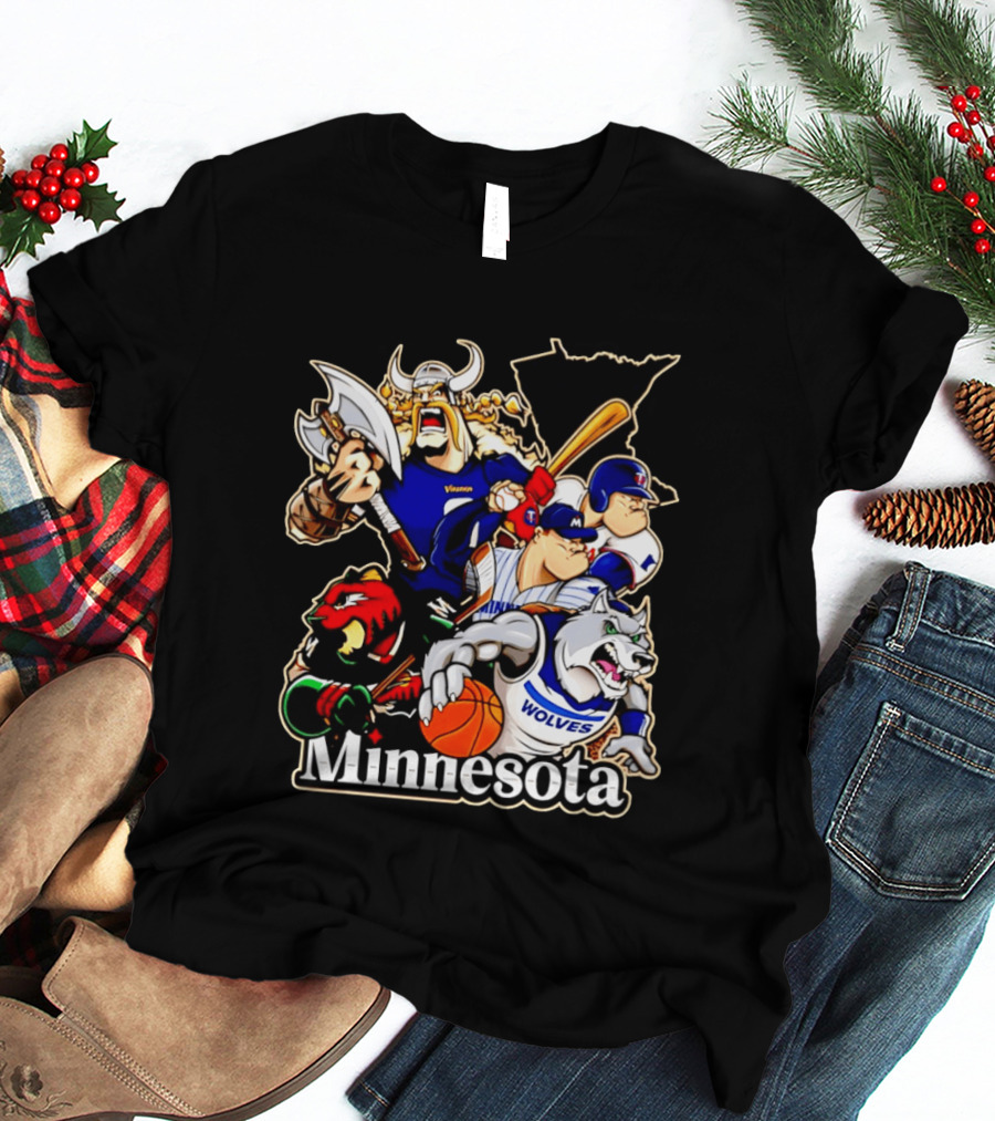 Minnesota Vikings Wild Twins Timberwolves Characters Collage T-Shirt