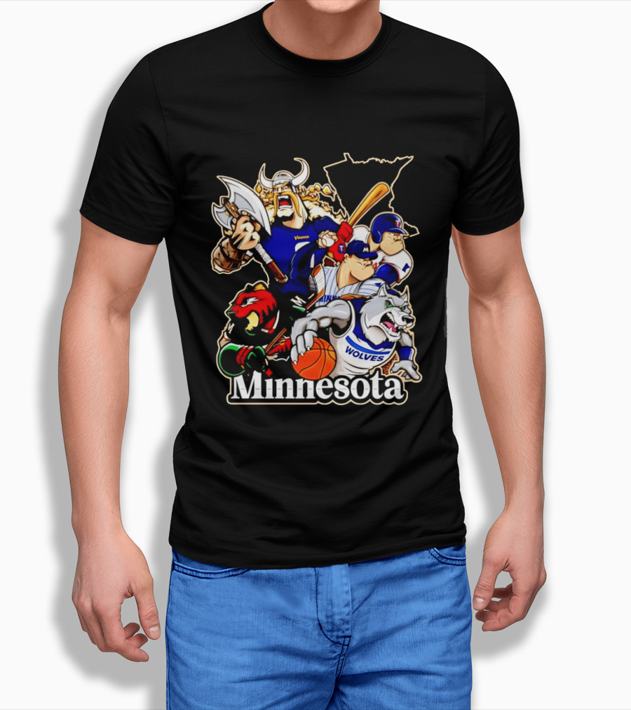 Minnesota Vikings Wild Twins Timberwolves Characters Collage T-Shirt