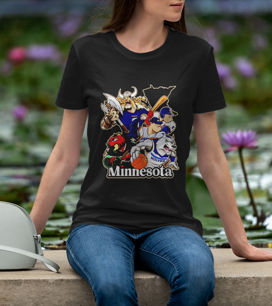 Minnesota Vikings Wild Twins Timberwolves Characters Collage T-Shirt