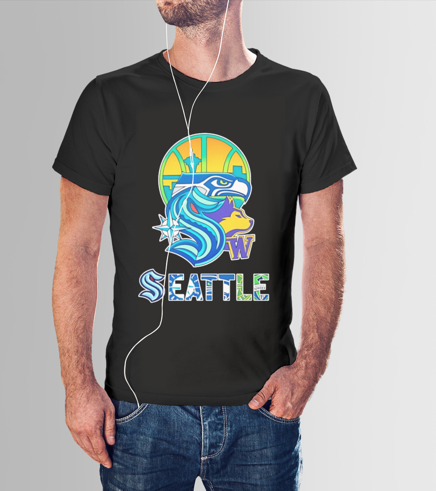 Seattle Seahawks Washington Huskies Skyline Collage With Space Needle And Compass Rose T-Shirt
