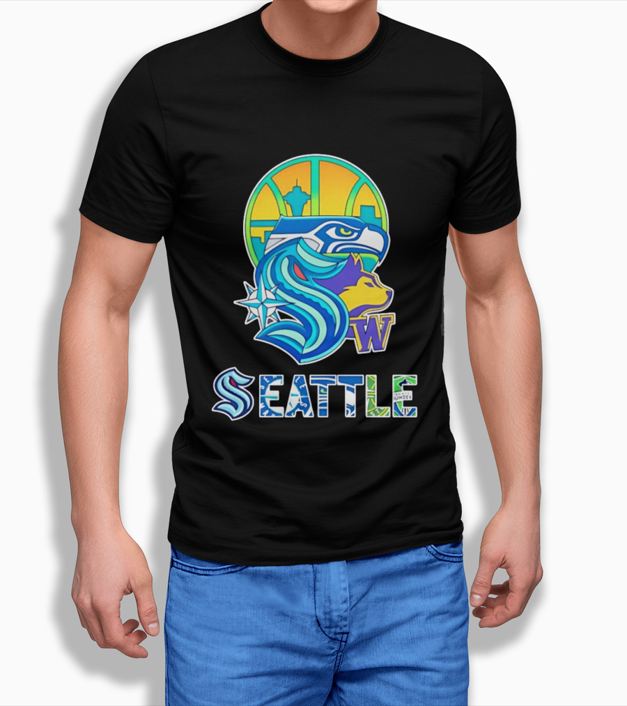 Seattle Seahawks Washington Huskies Skyline Collage With Space Needle And Compass Rose T-Shirt
