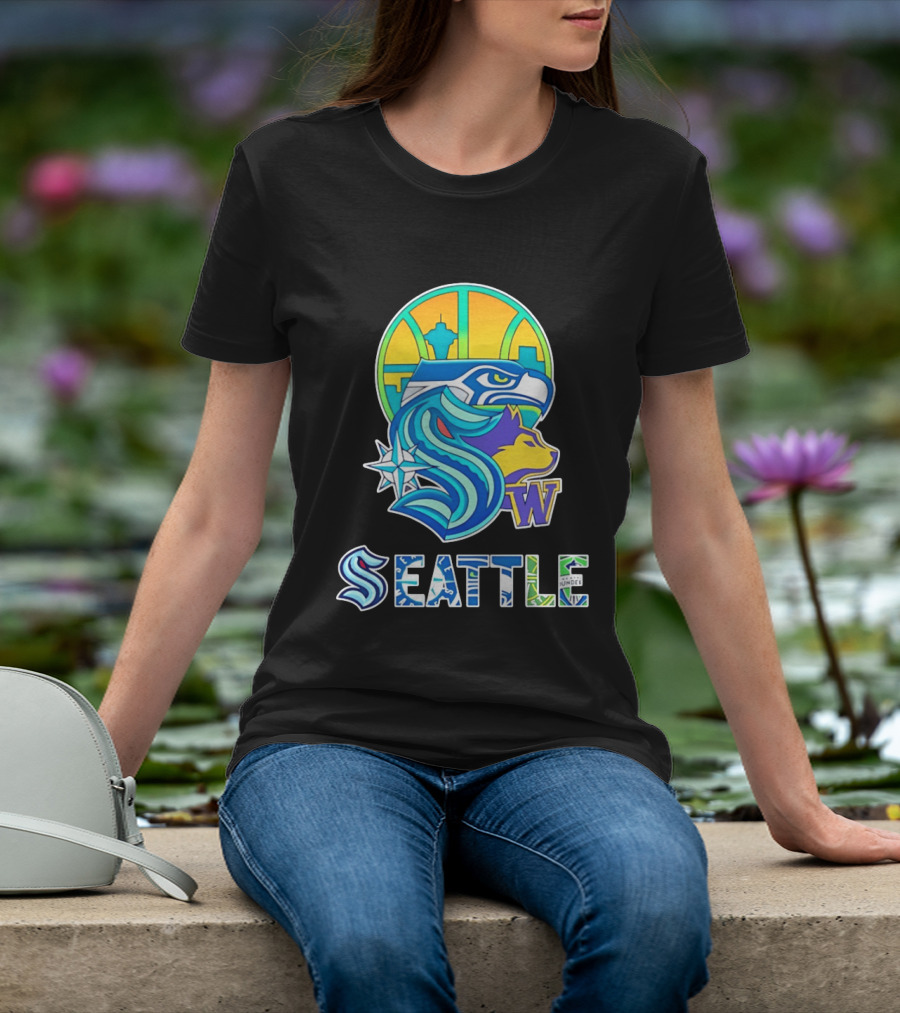 Seattle Seahawks Washington Huskies Skyline Collage With Space Needle And Compass Rose T-Shirt