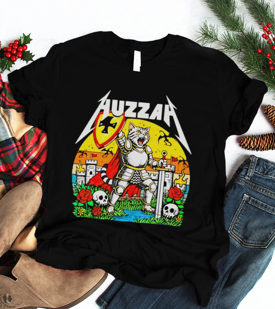 Huzzah Cat Knight Medieval Fantasy With Shield And Sword In Castle Scene T-Shirt