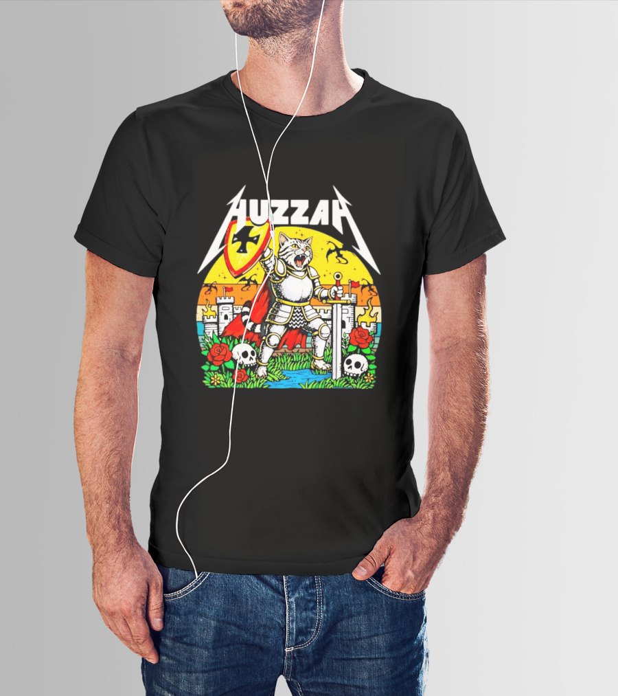 Huzzah Cat Knight Medieval Fantasy With Shield And Sword In Castle Scene T-Shirt