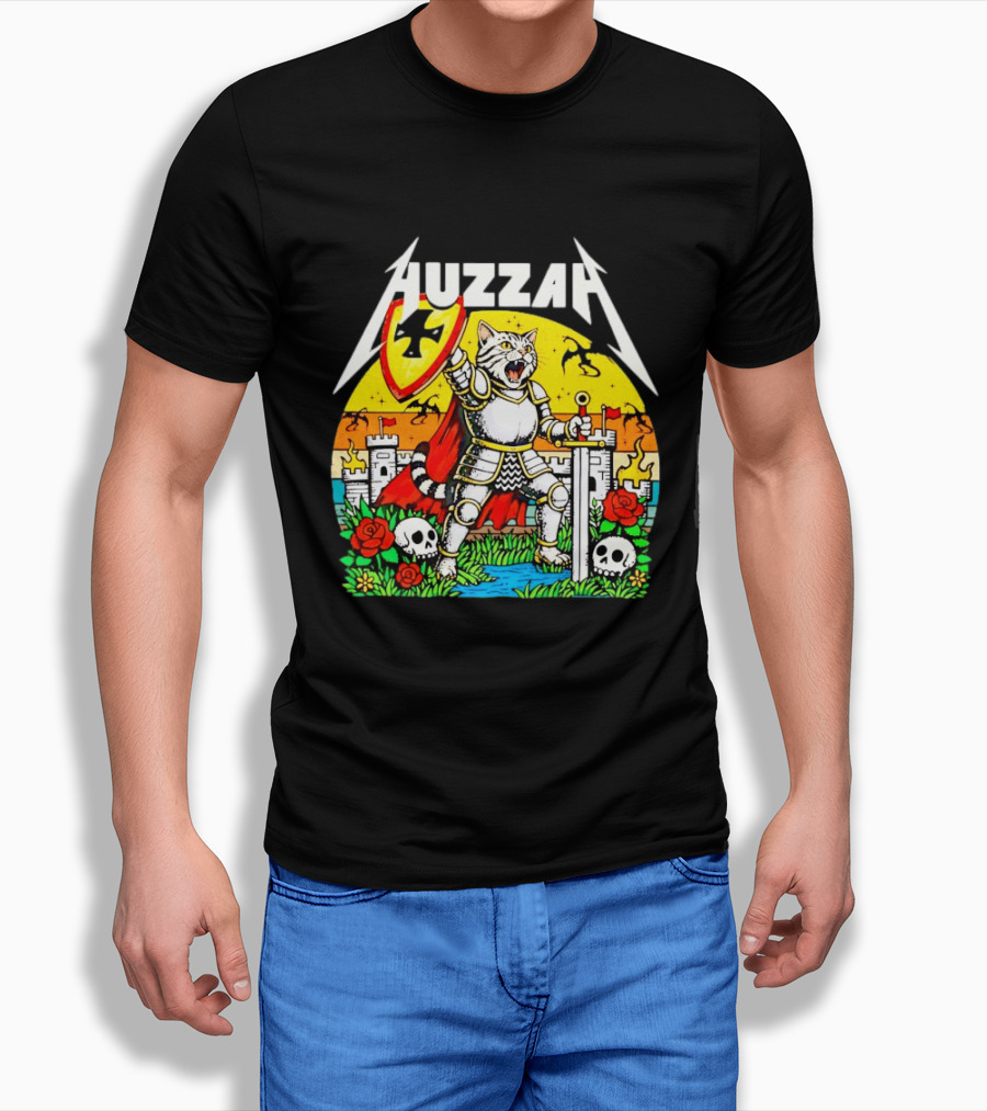Huzzah Cat Knight Medieval Fantasy With Shield And Sword In Castle Scene T-Shirt