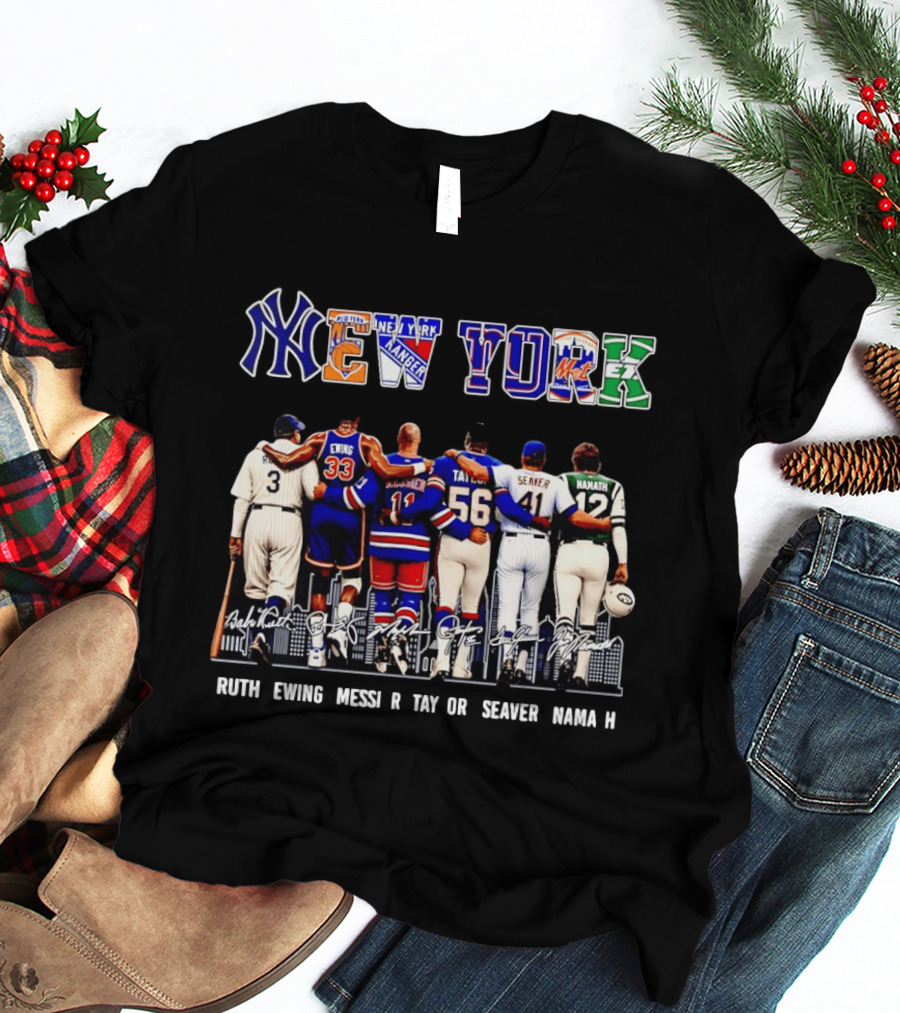 NY Sports Legends New York Yankees Knicks Rangers Mets Giants Jets Ruth Ewing Messier Taylor Seaver Namath T-Shirt