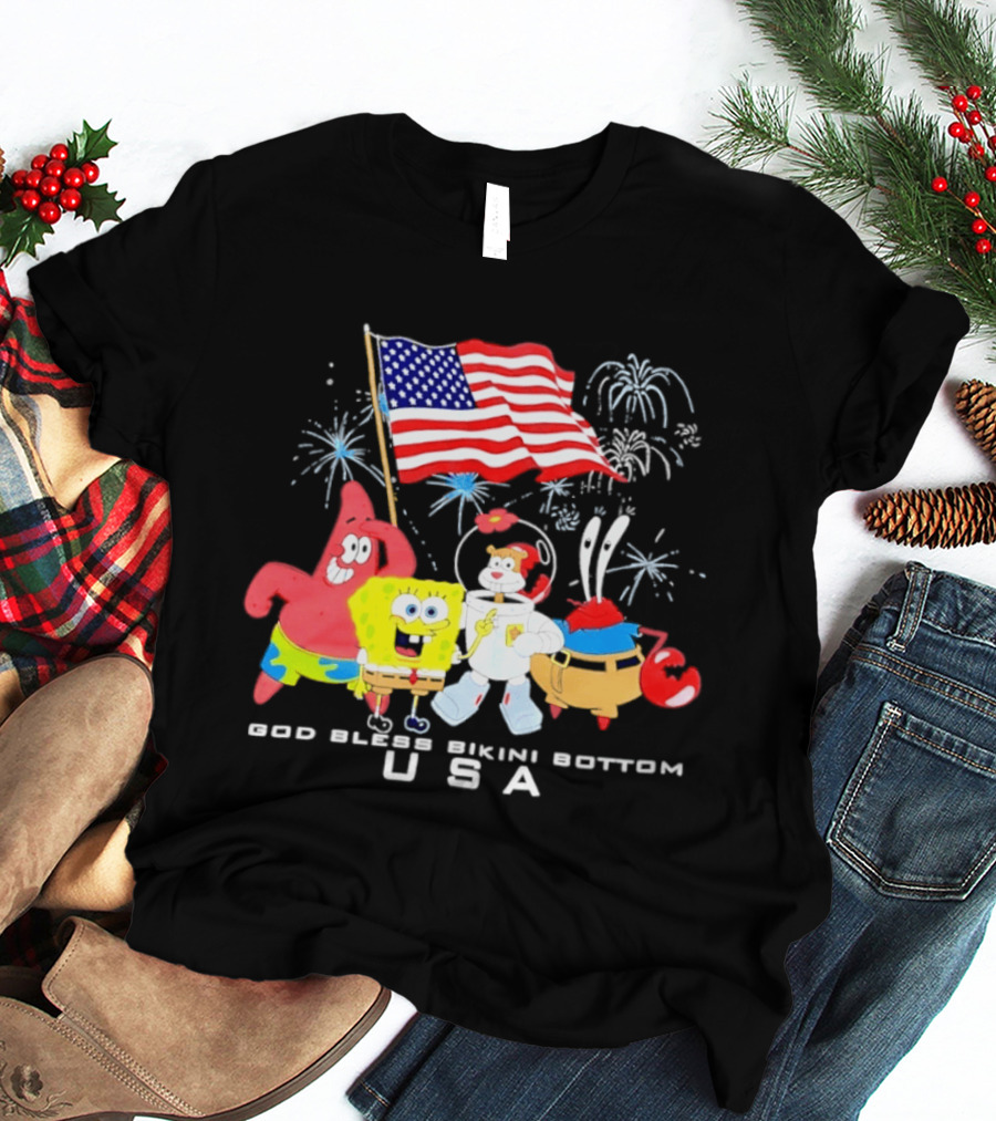 God Bless Bikini Bottom USA Sponge 4th Of July Celebration T-Shirt