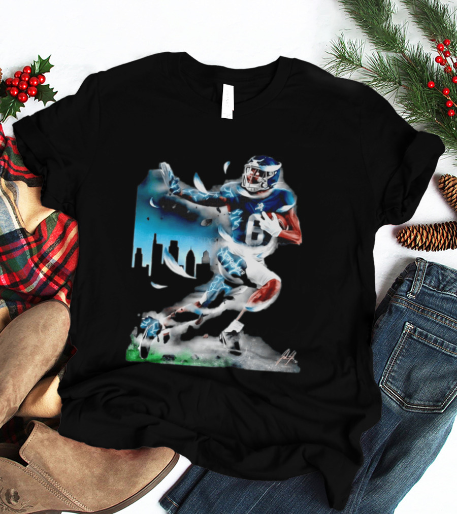Philadelphia Eagles Devonta Smith Slim Reaper Skyline Dynamic Football Action T-Shirt