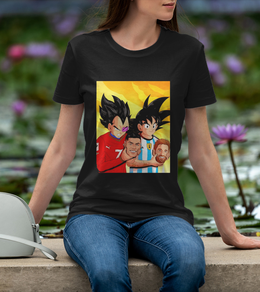 Vegeta And Goku With Ronaldo 7 And Messi Argentina Heads T-Shirt