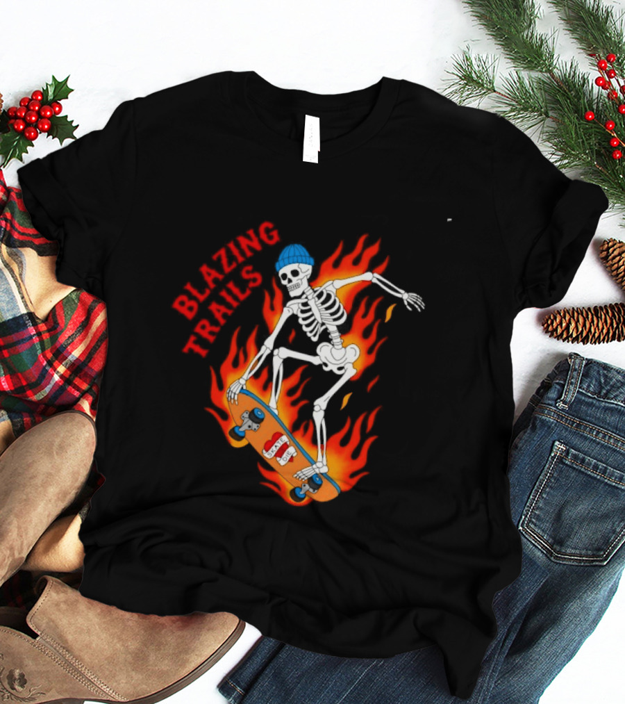 Blazing Trails Skate Or Die Skeleton Flaming Skateboard T-Shirt