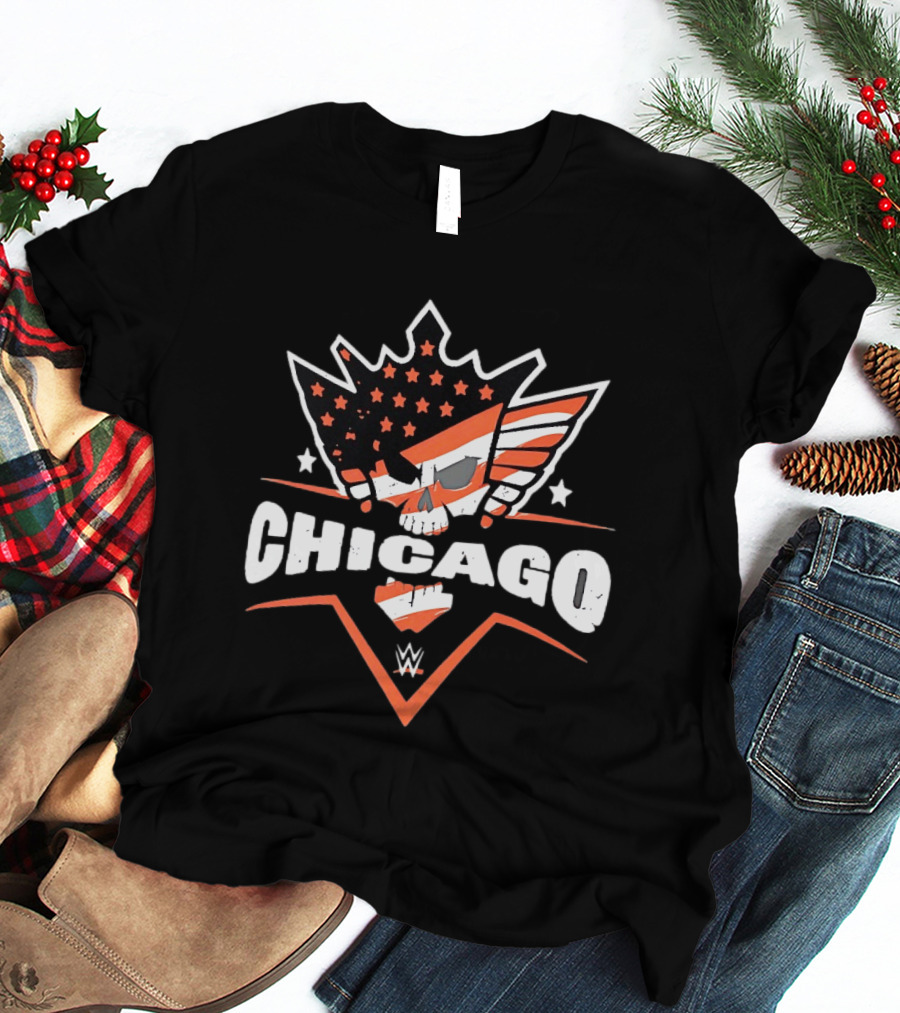 Chicago WWE American Flag Skull Stars Stripes T-Shirt