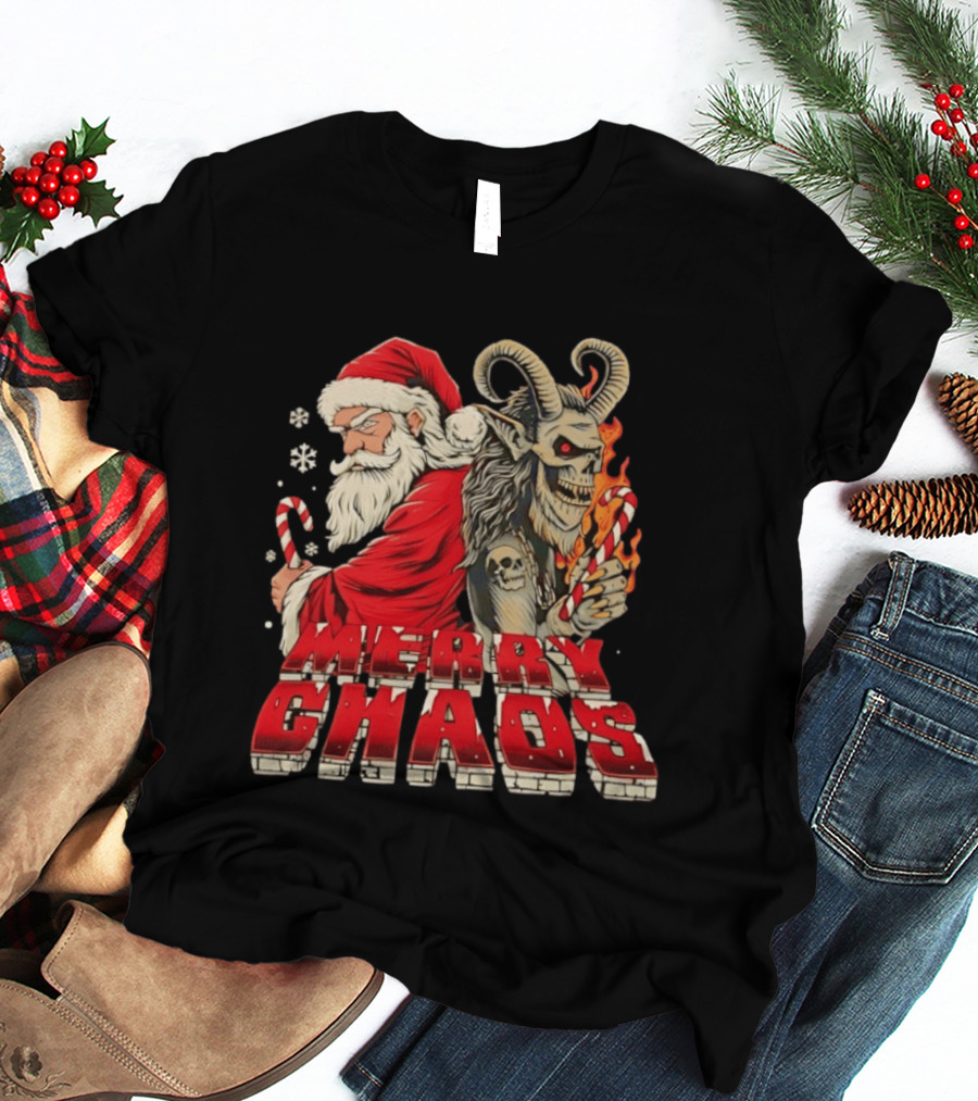 Merry Chaos Santa And Krampus Candy Cane Flames Christmas T-Shirt