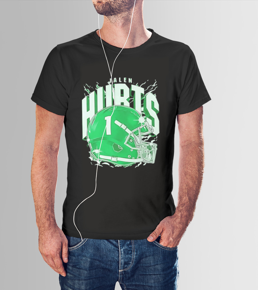 Jalen Hurts 1 Philadelphia Eagles Green Helmet Football T-Shirt