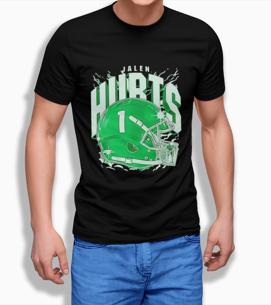 Jalen Hurts 1 Philadelphia Eagles Green Helmet Football T-Shirt