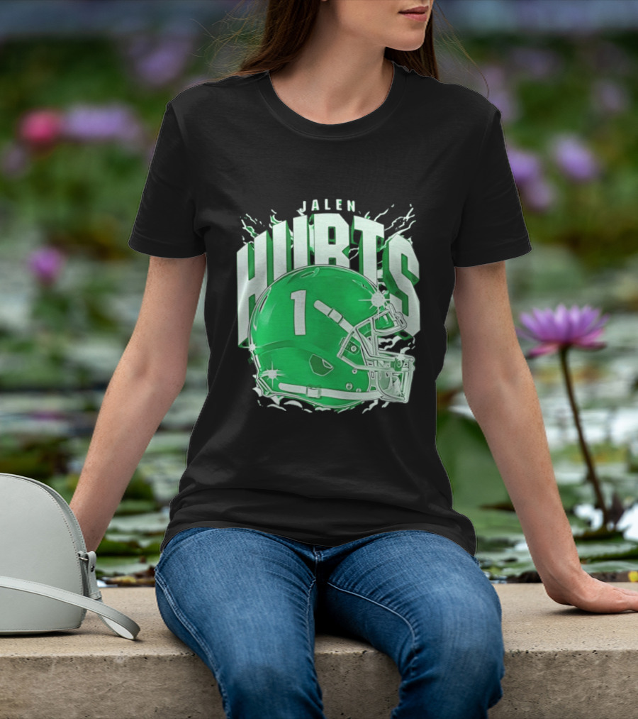 Jalen Hurts 1 Philadelphia Eagles Green Helmet Football T-Shirt