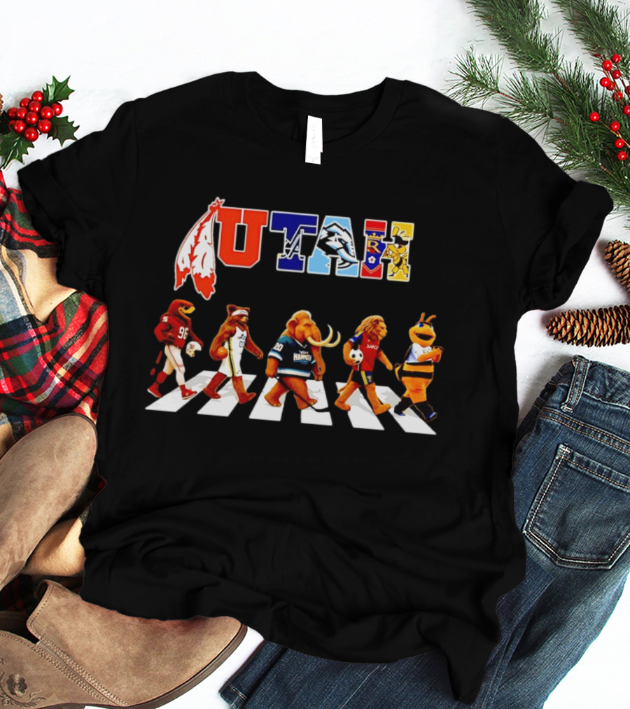 Utah Sports Mascots Walking Across Abbey Road Collage Real Salt Lake Jazz Utes Aggies T-Shirt