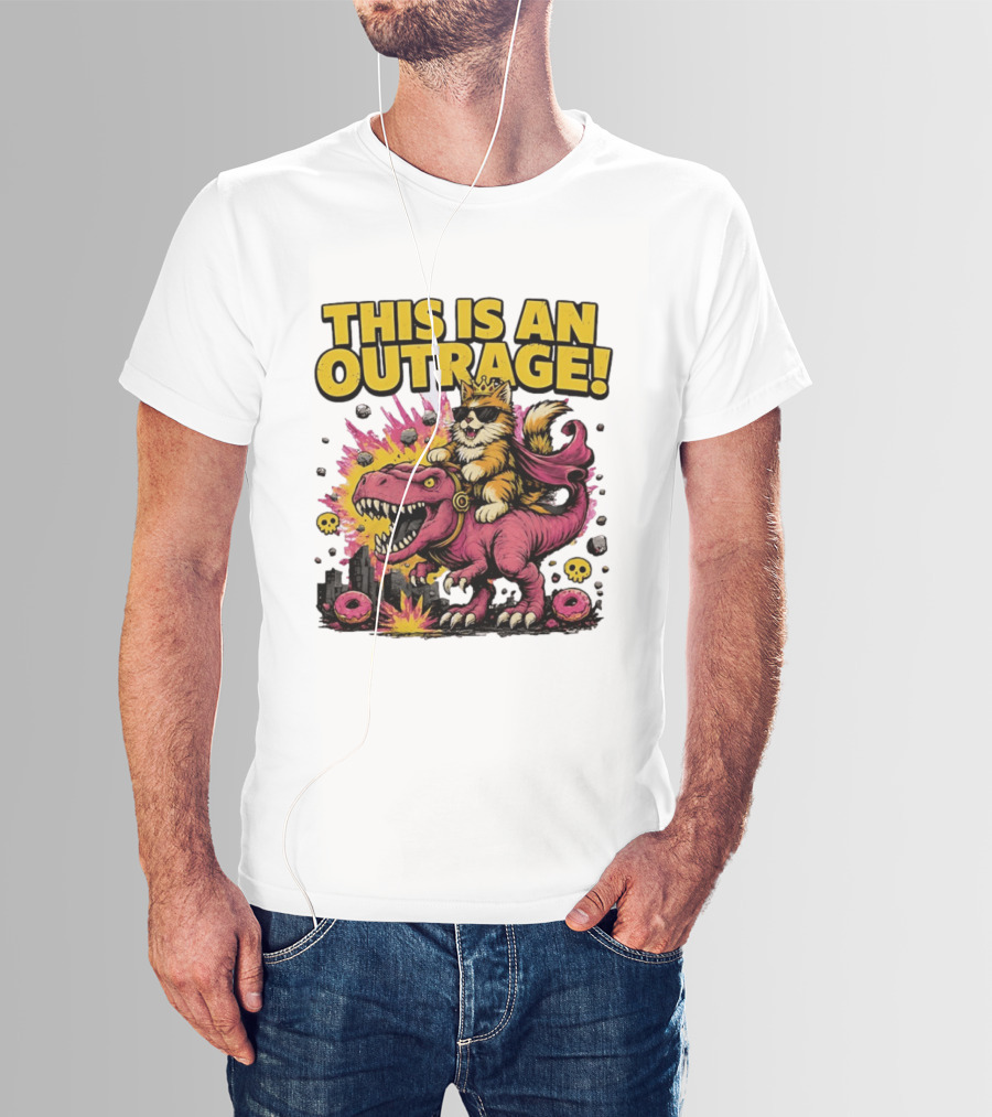 This Is An Outrage Cat King With Sunglasses Riding A Pink Rex With Explosions And Donuts T-Shirt