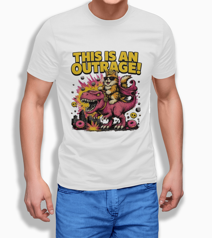 This Is An Outrage Cat King With Sunglasses Riding A Pink Rex With Explosions And Donuts T-Shirt