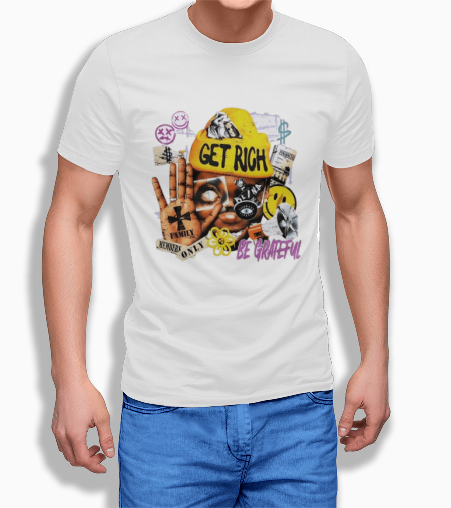 Get Rich Be Grateful Family 1st Members Only Collage Smiley Hand Signs T-Shirt