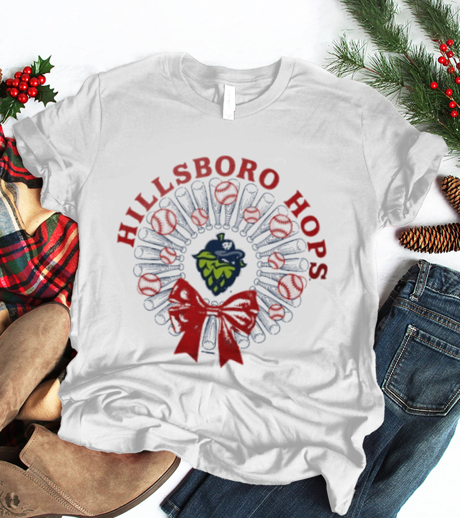 Hillsboro Hops Baseball Christmas Wreath Holiday Bow T-Shirt