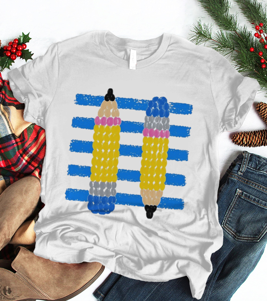 Beaded Pencils And Blue Stripes T-Shirt